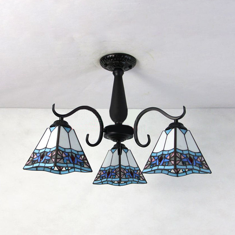 3 Heads Geometric Semi Flush Light with Magnolia/Mediterranean/Elk/Wire Mesh Pattern Rustic Stained Glass Ceiling Light Fixture for Bedroom Clearhalo 'Ceiling Lights' 'Close To Ceiling Lights' 'Close to ceiling' 'Glass shade' 'Glass' 'Semi-flushmount' 'Tiffany close to ceiling' 'Tiffany' Lighting' 26558