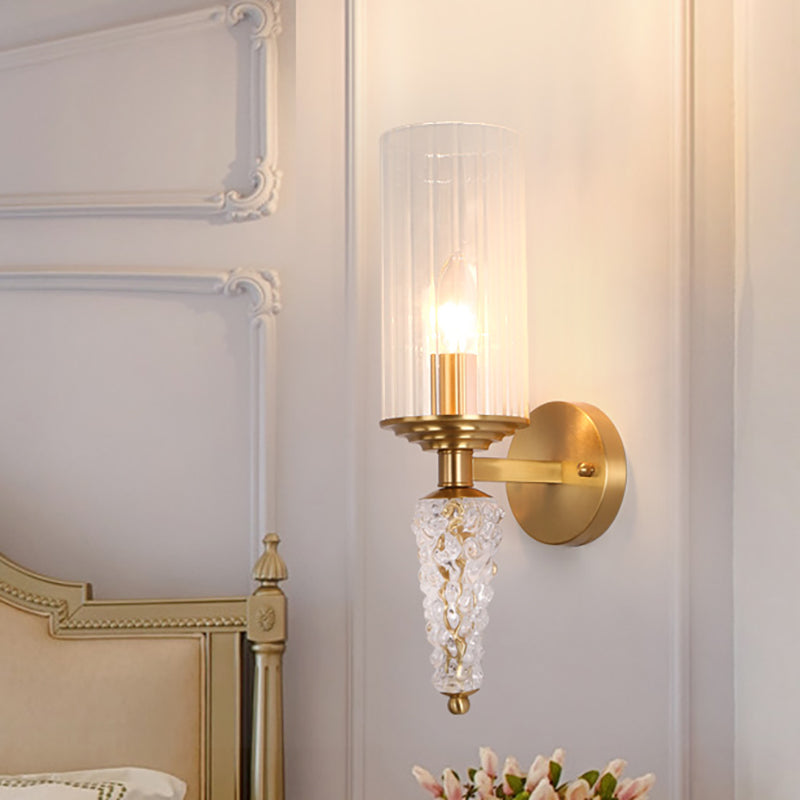 Indoor Wall Light Fixture with Cylindrical Clear Glass Shade Mid Century 1 Head Wall Sconce in Brass Brass Clearhalo 'Wall Lamps & Sconces' 'Wall Lights' Lighting' 265583