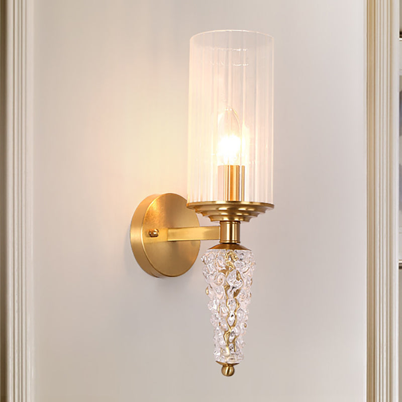 Indoor Wall Light Fixture with Cylindrical Clear Glass Shade Mid Century 1 Head Wall Sconce in Brass Clearhalo 'Wall Lamps & Sconces' 'Wall Lights' Lighting' 265584