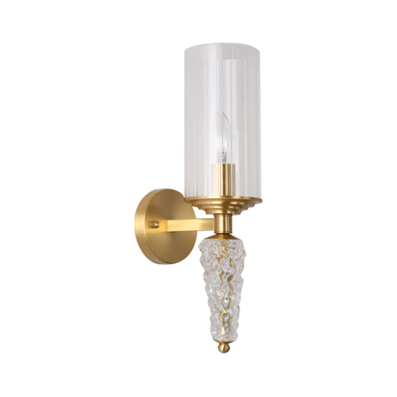 Indoor Wall Light Fixture with Cylindrical Clear Glass Shade Mid Century 1 Head Wall Sconce in Brass Clearhalo 'Wall Lamps & Sconces' 'Wall Lights' Lighting' 265586