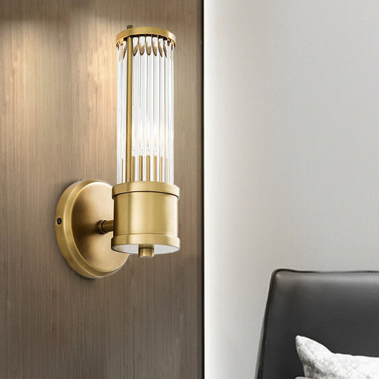 1/2 Bulbs Cylindrical Sconce Contemporary Gold Crystal Wall Mounted Light Fixture for Living Room 1.0 Gold Clearhalo 'Modern wall lights' 'Modern' 'Wall Lamps & Sconces' 'Wall Lights' Lighting' 265688
