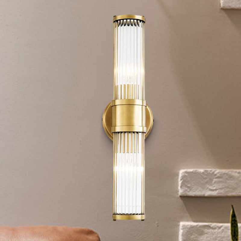 1/2 Bulbs Cylindrical Sconce Contemporary Gold Crystal Wall Mounted Light Fixture for Living Room 2.0 Gold Clearhalo 'Modern wall lights' 'Modern' 'Wall Lamps & Sconces' 'Wall Lights' Lighting' 265694