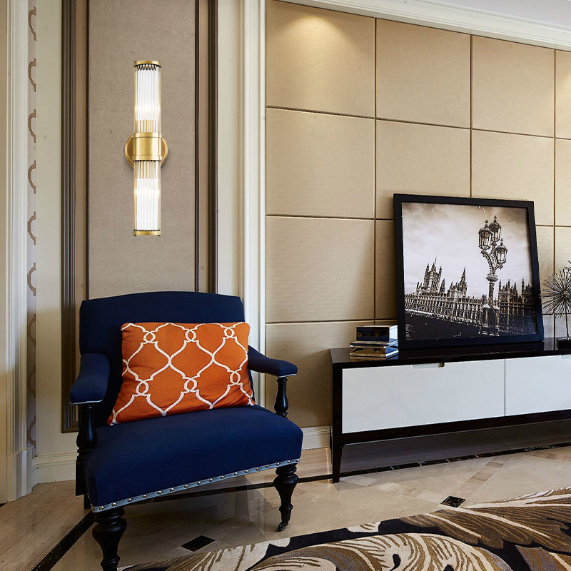 1/2 Bulbs Cylindrical Sconce Contemporary Gold Crystal Wall Mounted Light Fixture for Living Room Clearhalo 'Modern wall lights' 'Modern' 'Wall Lamps & Sconces' 'Wall Lights' Lighting' 265696