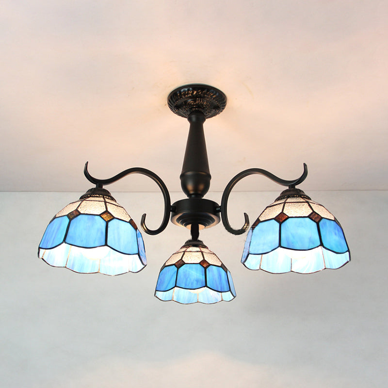 Industrial Vintage Dome Shape Semi Flush Mount Stained Glass 3 Lights Ceiling Light Fixture with Rhombus/Magnolia/Wire Mesh/Elk/Yellow/Diamond/Blue Square/Sky Blue Square/Sky Blue Pattern Black Sky Blue Square Clearhalo 'Ceiling Lights' 'Close To Ceiling Lights' 'Close to ceiling' 'Glass shade' 'Glass' 'Semi-flushmount' 'Tiffany close to ceiling' 'Tiffany' Lighting' 26573