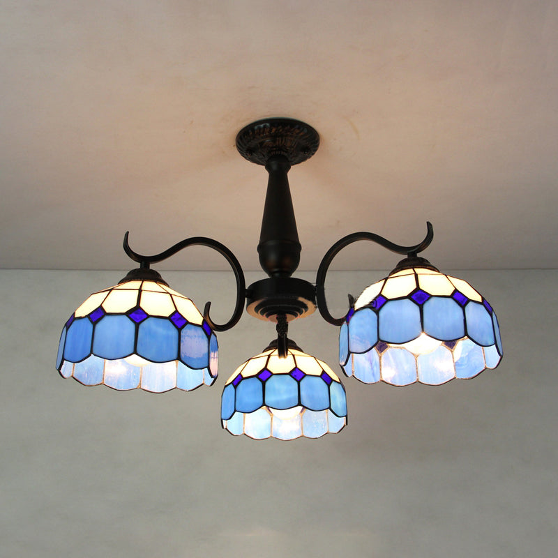 Industrial Vintage Dome Shape Semi Flush Mount Stained Glass 3 Lights Ceiling Light Fixture with Rhombus/Magnolia/Wire Mesh/Elk/Yellow/Diamond/Blue Square/Sky Blue Square/Sky Blue Pattern Black Blue Square Clearhalo 'Ceiling Lights' 'Close To Ceiling Lights' 'Close to ceiling' 'Glass shade' 'Glass' 'Semi-flushmount' 'Tiffany close to ceiling' 'Tiffany' Lighting' 26574