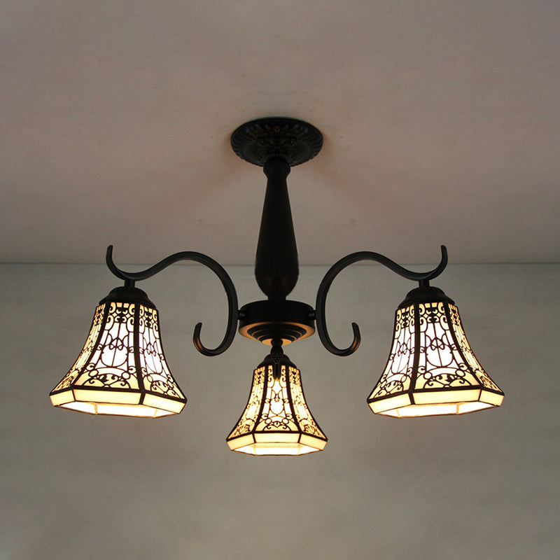 Industrial Vintage Dome Shape Semi Flush Mount Stained Glass 3 Lights Ceiling Light Fixture with Rhombus/Magnolia/Wire Mesh/Elk/Yellow/Diamond/Blue Square/Sky Blue Square/Sky Blue Pattern Black Wire Mesh Clearhalo 'Ceiling Lights' 'Close To Ceiling Lights' 'Close to ceiling' 'Glass shade' 'Glass' 'Semi-flushmount' 'Tiffany close to ceiling' 'Tiffany' Lighting' 26588