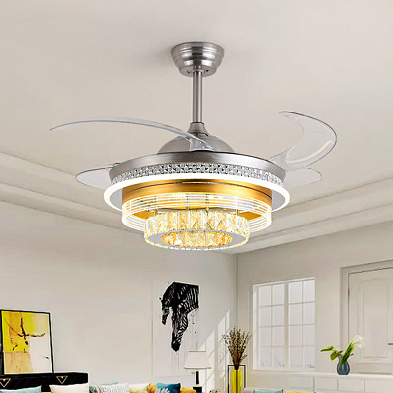 Tier Faceted Crystal Ceiling Fan Light Modern 3 Wind Speed LED Semi Flush Lamp with Reversible Blade in Silver and Gold Clearhalo 'Ceiling Fans with Lights' 'Ceiling Fans' 'Modern Ceiling Fans' 'Modern' Lighting' 265988