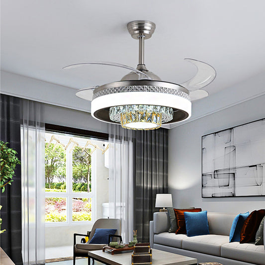 Tier Faceted Crystal Ceiling Fan Light Modern 3 Wind Speed LED Semi Flush Lamp with Reversible Blade in Silver and Gold Clearhalo 'Ceiling Fans with Lights' 'Ceiling Fans' 'Modern Ceiling Fans' 'Modern' Lighting' 265989