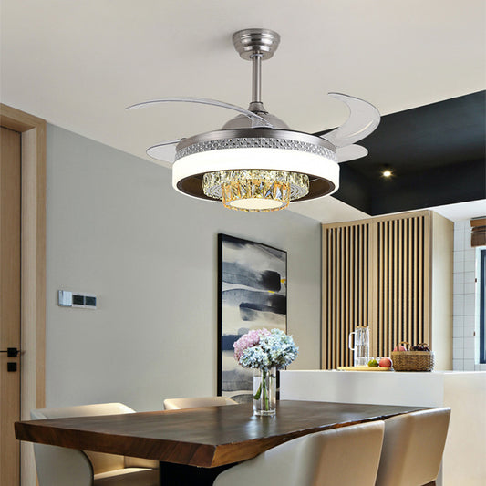 Tier Faceted Crystal Ceiling Fan Light Modern 3 Wind Speed LED Semi Flush Lamp with Reversible Blade in Silver and Gold Clearhalo 'Ceiling Fans with Lights' 'Ceiling Fans' 'Modern Ceiling Fans' 'Modern' Lighting' 265990