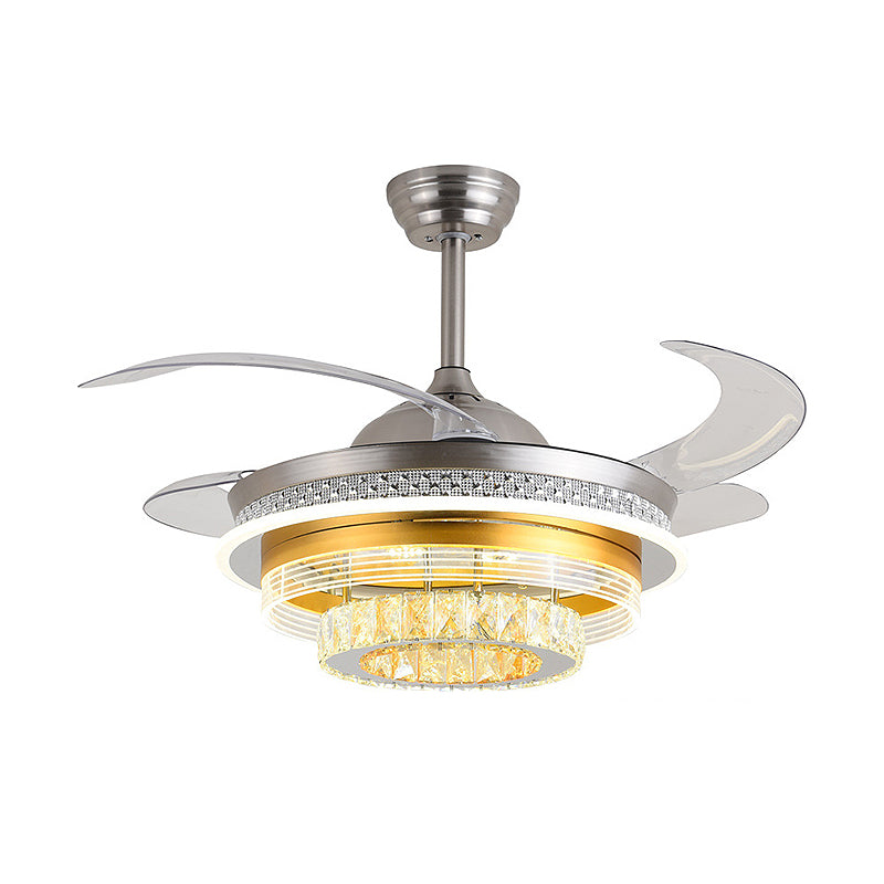 Tier Faceted Crystal Ceiling Fan Light Modern 3 Wind Speed LED Semi Flush Lamp with Reversible Blade in Silver and Gold Clearhalo 'Ceiling Fans with Lights' 'Ceiling Fans' 'Modern Ceiling Fans' 'Modern' Lighting' 265991