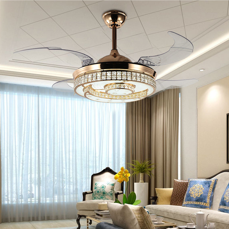 Moon Pattern LED Semi Flush Light Contemporary Faceted Crystal Gold Ceiling Fan Light with Remote Control/Wall Control/Frequency Conversion Clearhalo 'Ceiling Fans with Lights' 'Ceiling Fans' 'Modern Ceiling Fans' 'Modern' Lighting' 266012
