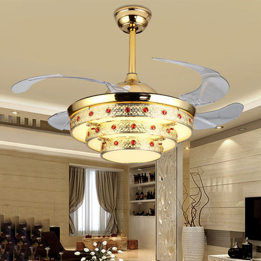 Carved Layer Steel Fan Lighting Modernity Golden Remote Control/Wall Control/Frequency Convertible LED Semi Flush Light Clearhalo 'Ceiling Fans with Lights' 'Ceiling Fans' 'Modern Ceiling Fans' 'Modern' Lighting' 266038