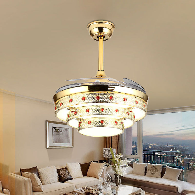 Carved Layer Steel Fan Lighting Modernity Golden Remote Control/Wall Control/Frequency Convertible LED Semi Flush Light Clearhalo 'Ceiling Fans with Lights' 'Ceiling Fans' 'Modern Ceiling Fans' 'Modern' Lighting' 266039