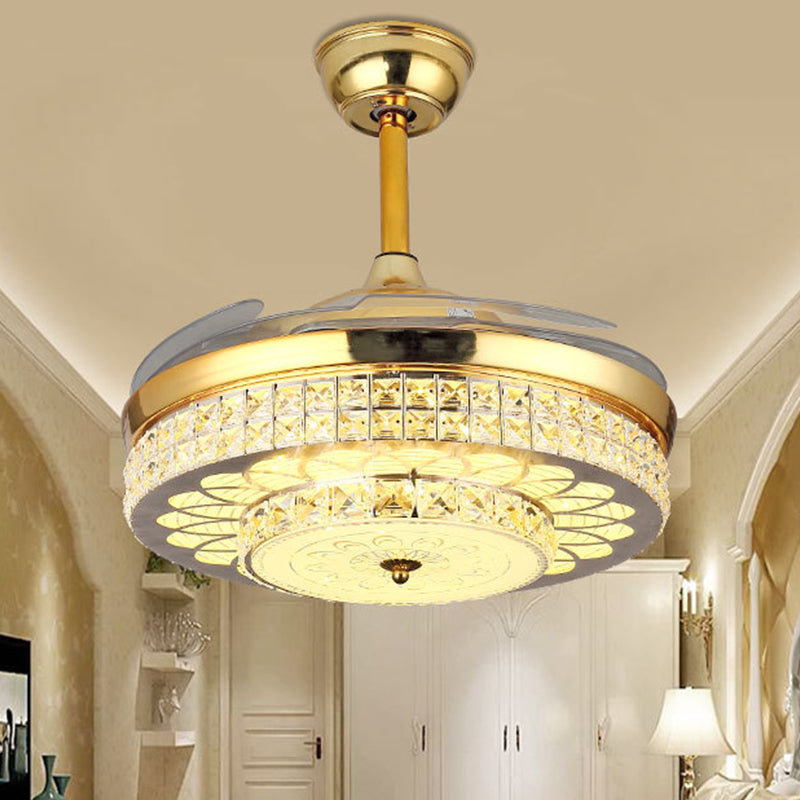 Faceted Glass Carved Semi Flush Fan Light 4-Blade Simple Silver/Gold Downrod LED Ceiling Lamp with Remote Control/Wall Control/Frequency Conversion Gold Clearhalo 'Ceiling Fans with Lights' 'Ceiling Fans' 'Modern Ceiling Fans' 'Modern' Lighting' 266051