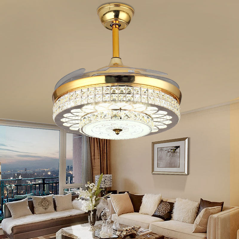 Faceted Glass Carved Semi Flush Fan Light 4-Blade Simple Silver/Gold Downrod LED Ceiling Lamp with Remote Control/Wall Control/Frequency Conversion Clearhalo 'Ceiling Fans with Lights' 'Ceiling Fans' 'Modern Ceiling Fans' 'Modern' Lighting' 266053