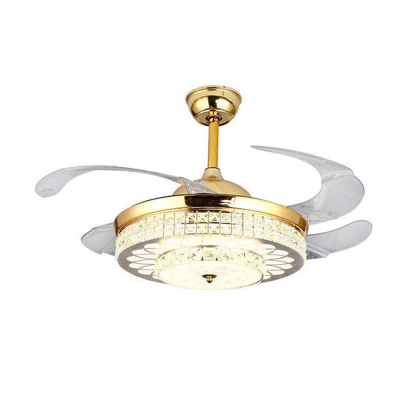 Faceted Glass Carved Semi Flush Fan Light 4-Blade Simple Silver/Gold Downrod LED Ceiling Lamp with Remote Control/Wall Control/Frequency Conversion Clearhalo 'Ceiling Fans with Lights' 'Ceiling Fans' 'Modern Ceiling Fans' 'Modern' Lighting' 266054