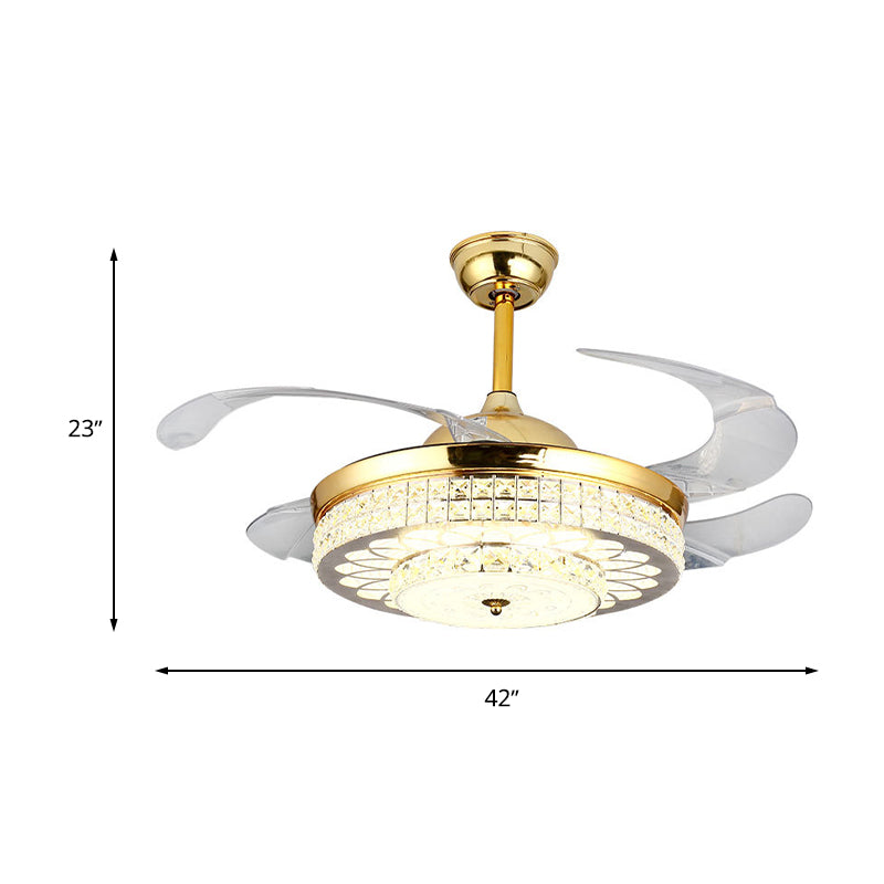 Faceted Glass Carved Semi Flush Fan Light 4-Blade Simple Silver/Gold Downrod LED Ceiling Lamp with Remote Control/Wall Control/Frequency Conversion Clearhalo 'Ceiling Fans with Lights' 'Ceiling Fans' 'Modern Ceiling Fans' 'Modern' Lighting' 266055