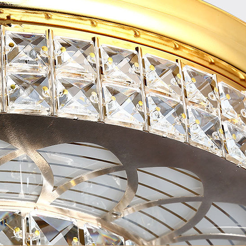 Faceted Glass Carved Semi Flush Fan Light 4-Blade Simple Silver/Gold Downrod LED Ceiling Lamp with Remote Control/Wall Control/Frequency Conversion Clearhalo 'Ceiling Fans with Lights' 'Ceiling Fans' 'Modern Ceiling Fans' 'Modern' Lighting' 266057