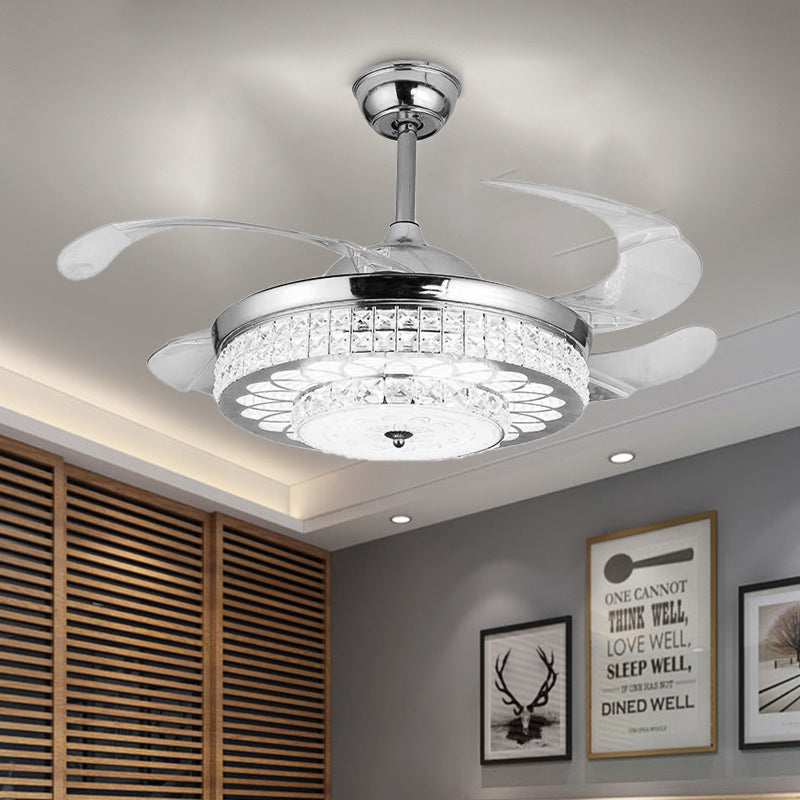 Faceted Glass Carved Semi Flush Fan Light 4-Blade Simple Silver/Gold Downrod LED Ceiling Lamp with Remote Control/Wall Control/Frequency Conversion Silver Clearhalo 'Ceiling Fans with Lights' 'Ceiling Fans' 'Modern Ceiling Fans' 'Modern' Lighting' 266058