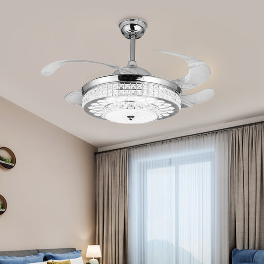 Faceted Glass Carved Semi Flush Fan Light 4-Blade Simple Silver/Gold Downrod LED Ceiling Lamp with Remote Control/Wall Control/Frequency Conversion Clearhalo 'Ceiling Fans with Lights' 'Ceiling Fans' 'Modern Ceiling Fans' 'Modern' Lighting' 266059