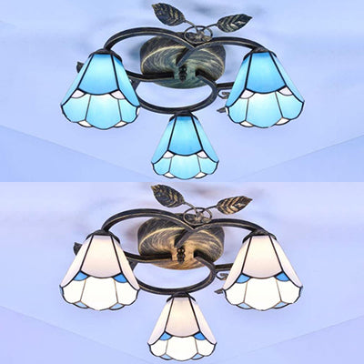 Conic Shape Ceiling Light Tiffany Stained Glass 3 Lights Flush Mount Ceiling Fixture in White/Blue for Living Room Clearhalo 'Ceiling Lights' 'Close To Ceiling Lights' 'Close to ceiling' 'Glass shade' 'Glass' 'Semi-flushmount' 'Tiffany close to ceiling' 'Tiffany' Lighting' 26606