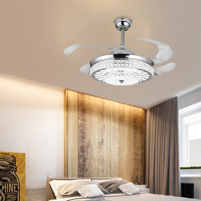 Faceted Glass Carved Semi Flush Fan Light 4-Blade Simple Silver/Gold Downrod LED Ceiling Lamp with Remote Control/Wall Control/Frequency Conversion Clearhalo 'Ceiling Fans with Lights' 'Ceiling Fans' 'Modern Ceiling Fans' 'Modern' Lighting' 266060