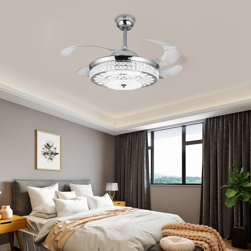 Faceted Glass Carved Semi Flush Fan Light 4-Blade Simple Silver/Gold Downrod LED Ceiling Lamp with Remote Control/Wall Control/Frequency Conversion Clearhalo 'Ceiling Fans with Lights' 'Ceiling Fans' 'Modern Ceiling Fans' 'Modern' Lighting' 266061