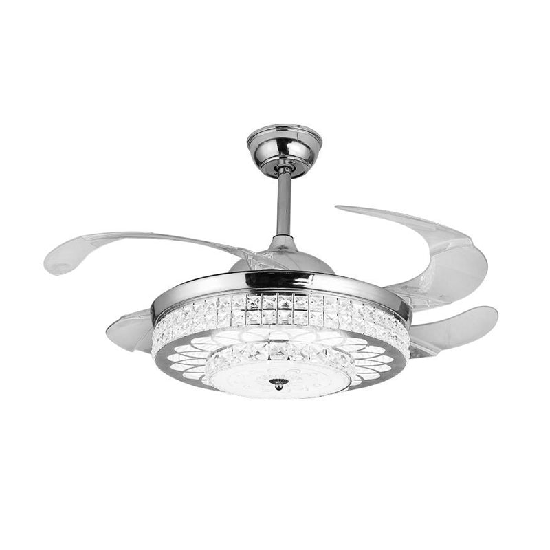 Faceted Glass Carved Semi Flush Fan Light 4-Blade Simple Silver/Gold Downrod LED Ceiling Lamp with Remote Control/Wall Control/Frequency Conversion Clearhalo 'Ceiling Fans with Lights' 'Ceiling Fans' 'Modern Ceiling Fans' 'Modern' Lighting' 266062