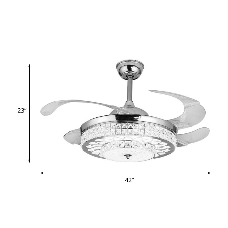 Faceted Glass Carved Semi Flush Fan Light 4-Blade Simple Silver/Gold Downrod LED Ceiling Lamp with Remote Control/Wall Control/Frequency Conversion Clearhalo 'Ceiling Fans with Lights' 'Ceiling Fans' 'Modern Ceiling Fans' 'Modern' Lighting' 266063