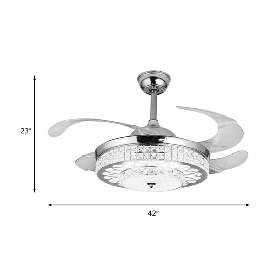 Faceted Glass Carved Semi Flush Fan Light 4-Blade Simple Silver/Gold Downrod LED Ceiling Lamp with Remote Control/Wall Control/Frequency Conversion Clearhalo 'Ceiling Fans with Lights' 'Ceiling Fans' 'Modern Ceiling Fans' 'Modern' Lighting' 266063