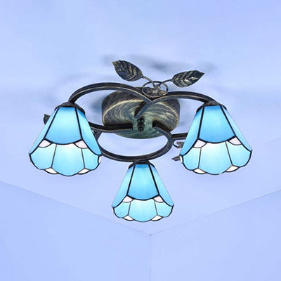 Conic Shape Ceiling Light Tiffany Stained Glass 3 Lights Flush Mount Ceiling Fixture in White/Blue for Living Room Blue Clearhalo 'Ceiling Lights' 'Close To Ceiling Lights' 'Close to ceiling' 'Glass shade' 'Glass' 'Semi-flushmount' 'Tiffany close to ceiling' 'Tiffany' Lighting' 26607