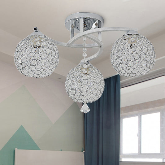 3/5 Lights Globe Semi Flush Light Fixture Simple Chrome Crystal Semi-Flush Mount for Living Room 3 Chrome Clearhalo 'Ceiling Lights' 'Close To Ceiling Lights' 'Close to ceiling' 'Semi-flushmount' Lighting' 266172