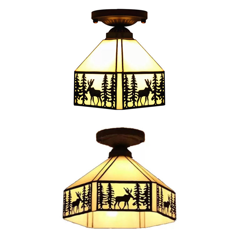 Mission Ceiling Light, Geometric Semi Flush Light in Beige with Art Glass Shade and Deer Pattern for Bedroom Clearhalo 'Ceiling Lights' 'Close To Ceiling Lights' 'Close to ceiling' 'Glass shade' 'Glass' 'Semi-flushmount' 'Tiffany close to ceiling' 'Tiffany' Lighting' 2662