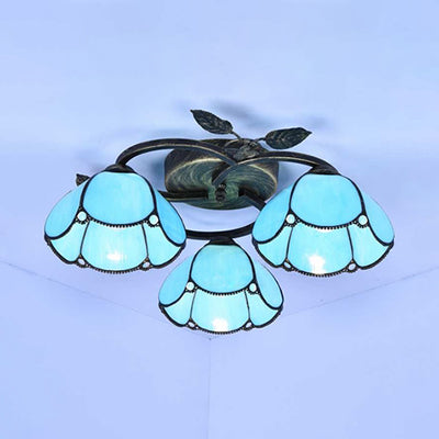 White/Blue/Beige Bowl Ceiling Light Fixture Industrial Vintage Stained Glass 3 Lights Flush Mount Ceiling Light Blue Clearhalo 'Ceiling Lights' 'Close To Ceiling Lights' 'Close to ceiling' 'Glass shade' 'Glass' 'Semi-flushmount' 'Tiffany close to ceiling' 'Tiffany' Lighting' 26623