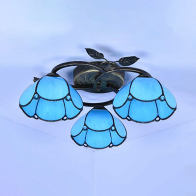 White/Blue/Beige Bowl Ceiling Light Fixture Industrial Vintage Stained Glass 3 Lights Flush Mount Ceiling Light Clearhalo 'Ceiling Lights' 'Close To Ceiling Lights' 'Close to ceiling' 'Glass shade' 'Glass' 'Semi-flushmount' 'Tiffany close to ceiling' 'Tiffany' Lighting' 26624