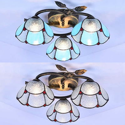 Industrial Vintage Bowl Ceiling Light Stained Glass 3 Lights Flushmount Ceiling Light in Blue/Clear for Bedroom Clearhalo 'Ceiling Lights' 'Close To Ceiling Lights' 'Close to ceiling' 'Glass shade' 'Glass' 'Semi-flushmount' 'Tiffany close to ceiling' 'Tiffany' Lighting' 26627