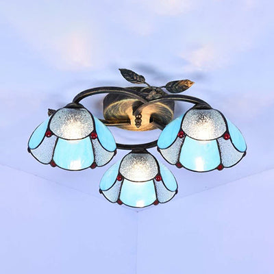 Industrial Vintage Bowl Ceiling Light Stained Glass 3 Lights Flushmount Ceiling Light in Blue/Clear for Bedroom Blue Clearhalo 'Ceiling Lights' 'Close To Ceiling Lights' 'Close to ceiling' 'Glass shade' 'Glass' 'Semi-flushmount' 'Tiffany close to ceiling' 'Tiffany' Lighting' 26628