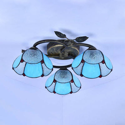Industrial Vintage Bowl Ceiling Light Stained Glass 3 Lights Flushmount Ceiling Light in Blue/Clear for Bedroom Clearhalo 'Ceiling Lights' 'Close To Ceiling Lights' 'Close to ceiling' 'Glass shade' 'Glass' 'Semi-flushmount' 'Tiffany close to ceiling' 'Tiffany' Lighting' 26629