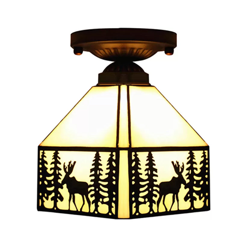 Mission Ceiling Light, Geometric Semi Flush Light in Beige with Art Glass Shade and Deer Pattern for Bedroom Clearhalo 'Ceiling Lights' 'Close To Ceiling Lights' 'Close to ceiling' 'Glass shade' 'Glass' 'Semi-flushmount' 'Tiffany close to ceiling' 'Tiffany' Lighting' 2663