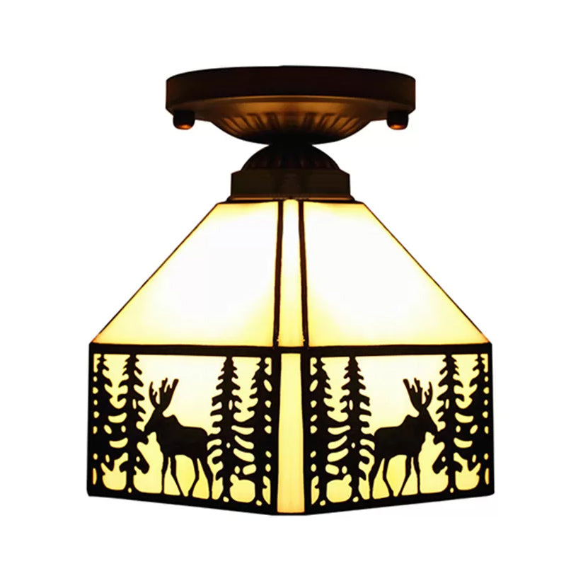 Mission Ceiling Light, Geometric Semi Flush Light in Beige with Art Glass Shade and Deer Pattern for Bedroom Clearhalo 'Ceiling Lights' 'Close To Ceiling Lights' 'Close to ceiling' 'Glass shade' 'Glass' 'Semi-flushmount' 'Tiffany close to ceiling' 'Tiffany' Lighting' 2663