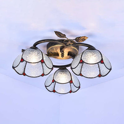 Industrial Vintage Bowl Ceiling Light Stained Glass 3 Lights Flushmount Ceiling Light in Blue/Clear for Bedroom Clear Clearhalo 'Ceiling Lights' 'Close To Ceiling Lights' 'Close to ceiling' 'Glass shade' 'Glass' 'Semi-flushmount' 'Tiffany close to ceiling' 'Tiffany' Lighting' 26630