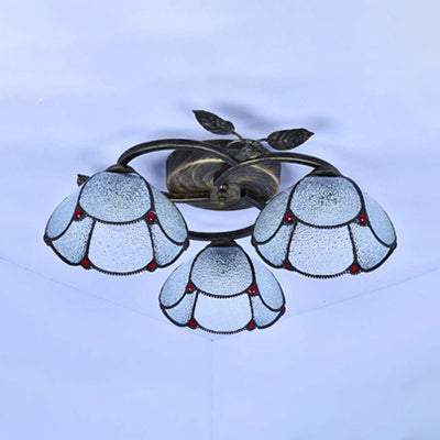 Industrial Vintage Bowl Ceiling Light Stained Glass 3 Lights Flushmount Ceiling Light in Blue/Clear for Bedroom Clearhalo 'Ceiling Lights' 'Close To Ceiling Lights' 'Close to ceiling' 'Glass shade' 'Glass' 'Semi-flushmount' 'Tiffany close to ceiling' 'Tiffany' Lighting' 26631