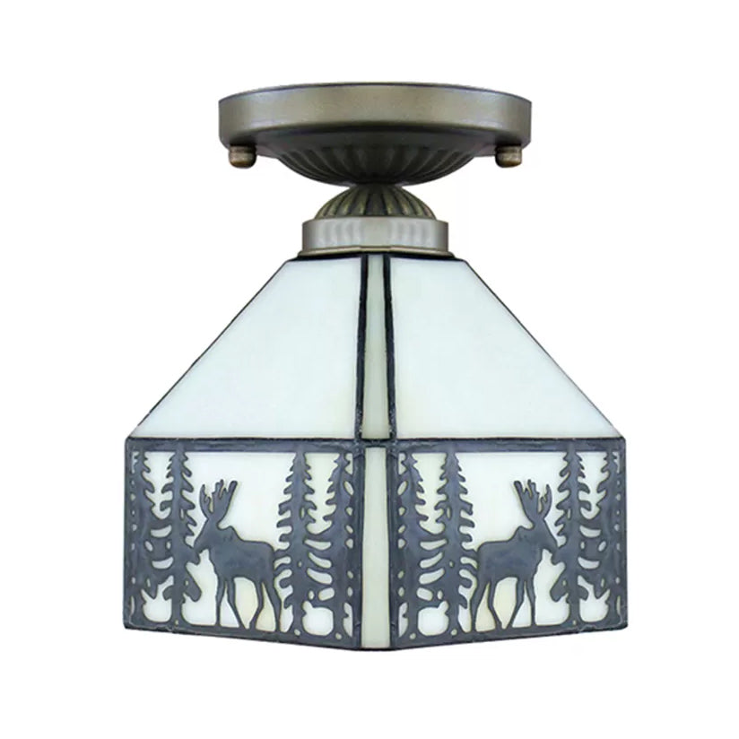 Mission Ceiling Light, Geometric Semi Flush Light in Beige with Art Glass Shade and Deer Pattern for Bedroom Clearhalo 'Ceiling Lights' 'Close To Ceiling Lights' 'Close to ceiling' 'Glass shade' 'Glass' 'Semi-flushmount' 'Tiffany close to ceiling' 'Tiffany' Lighting' 2664