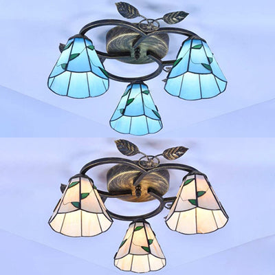 Conic Shape Ceiling Light Tiffany Stained Glass 3 Lights Flush Mount Ceiling Fixture with Leaf Decoration in Beige/Blue Clearhalo 'Ceiling Lights' 'Close To Ceiling Lights' 'Close to ceiling' 'Glass shade' 'Glass' 'Semi-flushmount' 'Tiffany close to ceiling' 'Tiffany' Lighting' 26640