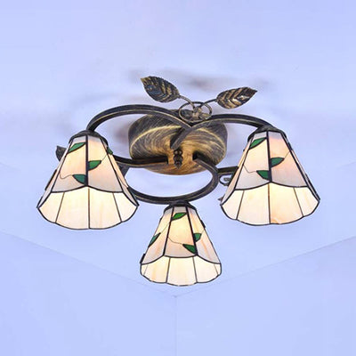Conic Shape Ceiling Light Tiffany Stained Glass 3 Lights Flush Mount Ceiling Fixture with Leaf Decoration in Beige/Blue Beige Clearhalo 'Ceiling Lights' 'Close To Ceiling Lights' 'Close to ceiling' 'Glass shade' 'Glass' 'Semi-flushmount' 'Tiffany close to ceiling' 'Tiffany' Lighting' 26641
