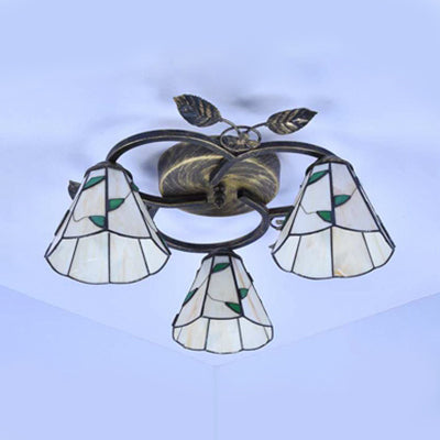 Conic Shape Ceiling Light Tiffany Stained Glass 3 Lights Flush Mount Ceiling Fixture with Leaf Decoration in Beige/Blue Clearhalo 'Ceiling Lights' 'Close To Ceiling Lights' 'Close to ceiling' 'Glass shade' 'Glass' 'Semi-flushmount' 'Tiffany close to ceiling' 'Tiffany' Lighting' 26642
