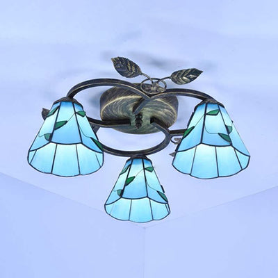 Conic Shape Ceiling Light Tiffany Stained Glass 3 Lights Flush Mount Ceiling Fixture with Leaf Decoration in Beige/Blue Blue Clearhalo 'Ceiling Lights' 'Close To Ceiling Lights' 'Close to ceiling' 'Glass shade' 'Glass' 'Semi-flushmount' 'Tiffany close to ceiling' 'Tiffany' Lighting' 26643
