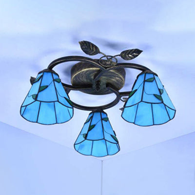 Conic Shape Ceiling Light Tiffany Stained Glass 3 Lights Flush Mount Ceiling Fixture with Leaf Decoration in Beige/Blue Clearhalo 'Ceiling Lights' 'Close To Ceiling Lights' 'Close to ceiling' 'Glass shade' 'Glass' 'Semi-flushmount' 'Tiffany close to ceiling' 'Tiffany' Lighting' 26644