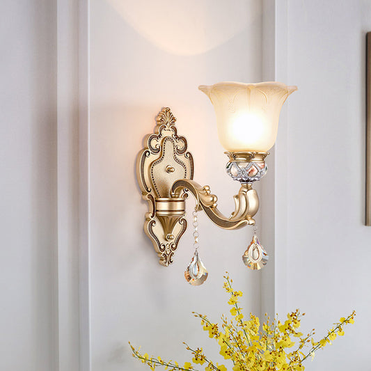 1 Bulb Floral Wall Sconce Vintage White Etched Glass Wall Lamp with Crystal Accent and Gold Curly Resin Arm Clearhalo 'Wall Lamps & Sconces' 'Wall Lights' Lighting' 266487