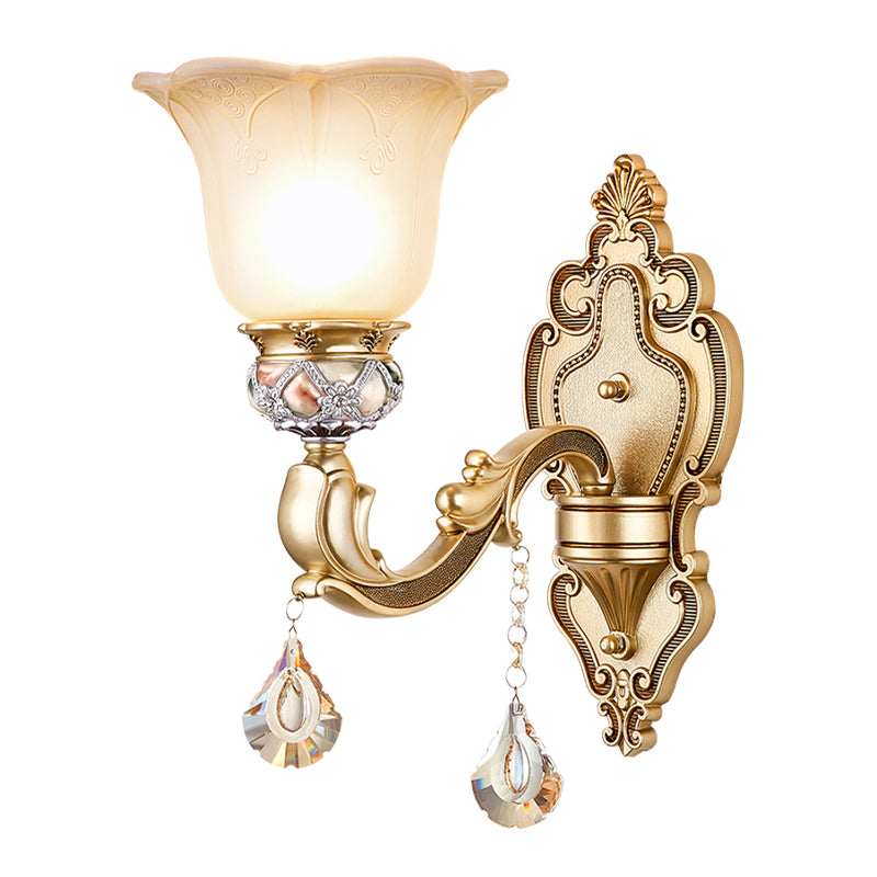 1 Bulb Floral Wall Sconce Vintage White Etched Glass Wall Lamp with Crystal Accent and Gold Curly Resin Arm Clearhalo 'Wall Lamps & Sconces' 'Wall Lights' Lighting' 266489